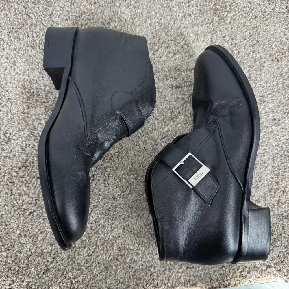 Etienne Aigner Leather Monk Strap Ankle Boots Vintage 8W Block Heel Preppy Black